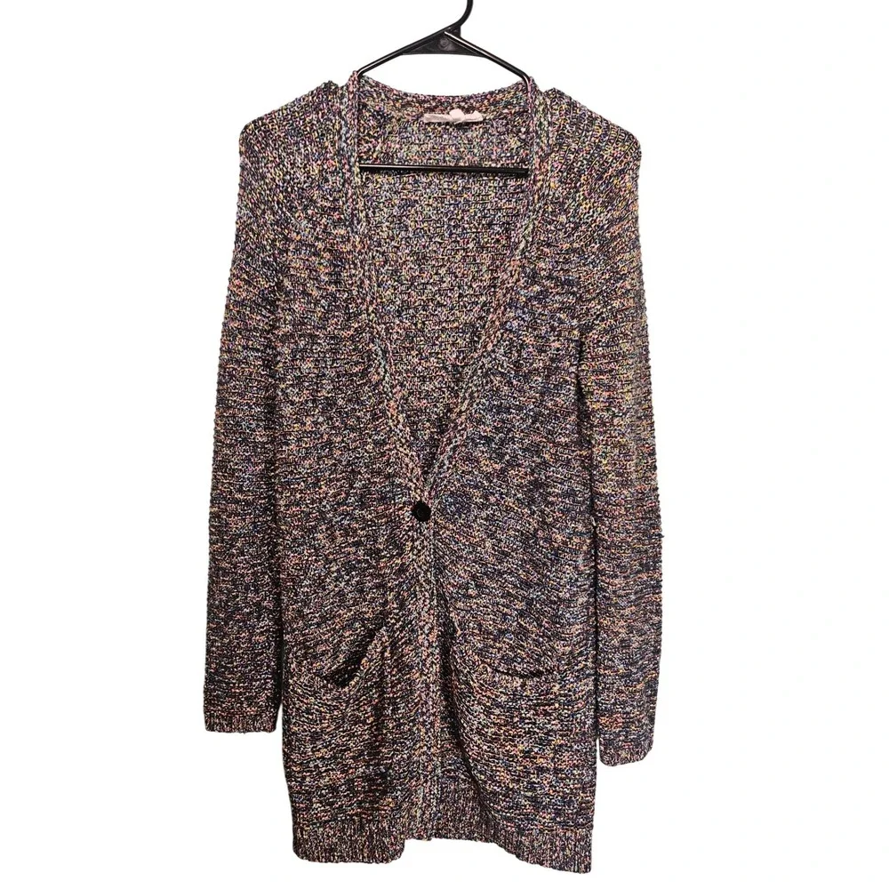 BCBG Multicolor Long Knit Cardigan Sweater M/L Pockets Button Cozy Casual‎ Chic